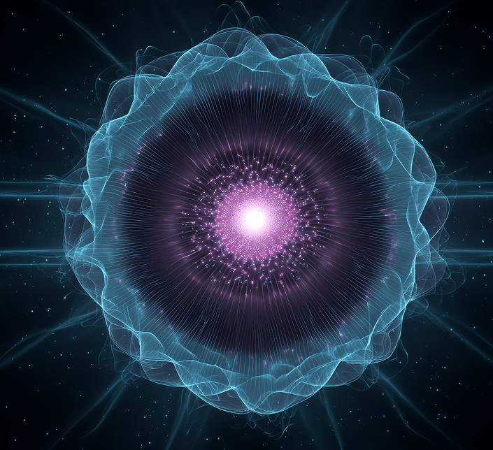 Central energy orb emitting particle waves.